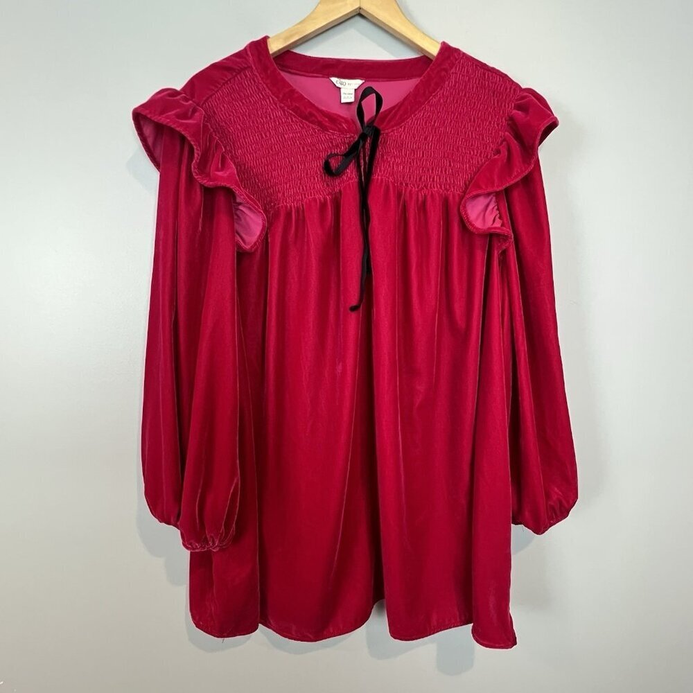 CATO‎ Velvet Top Womens 26/28W Dark Pink Ruffle Trim Smocked Pullover Tie Neck